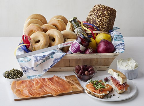 Salmon Set-Up Brunch Basket with 6 bagels and 8 oz. smoked salmon